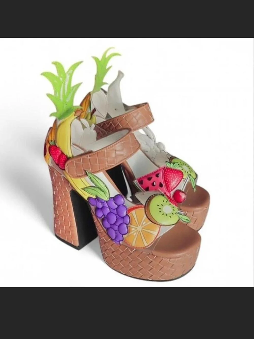 Dolls Kill Tan Platform Sandals with Colorful Fruit Appliqués